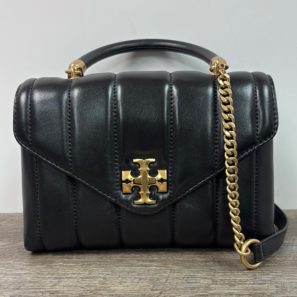 Tory Burch Kira Chevron Top Handle Bag Black Leather Gold Hardware Small Satchel